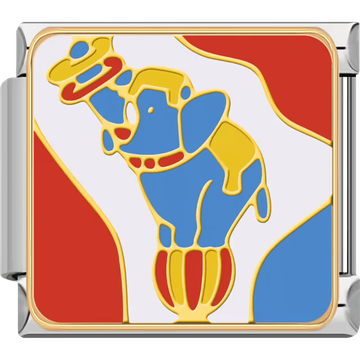 A blue circus elephant balancing on a colorful stand with red and yellow costume accents, in a silver Italian charm.